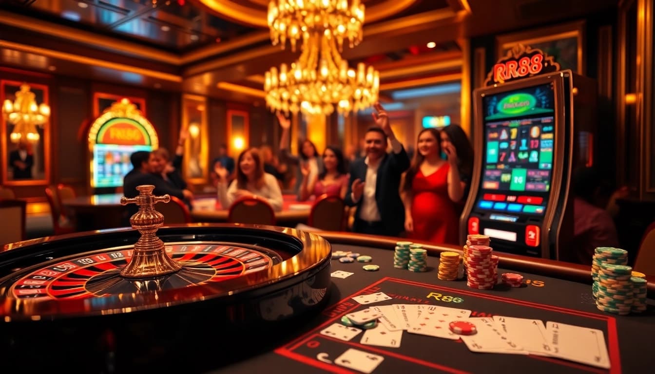 RR88 players celebrating a win at a vibrant, luxurious casino table.