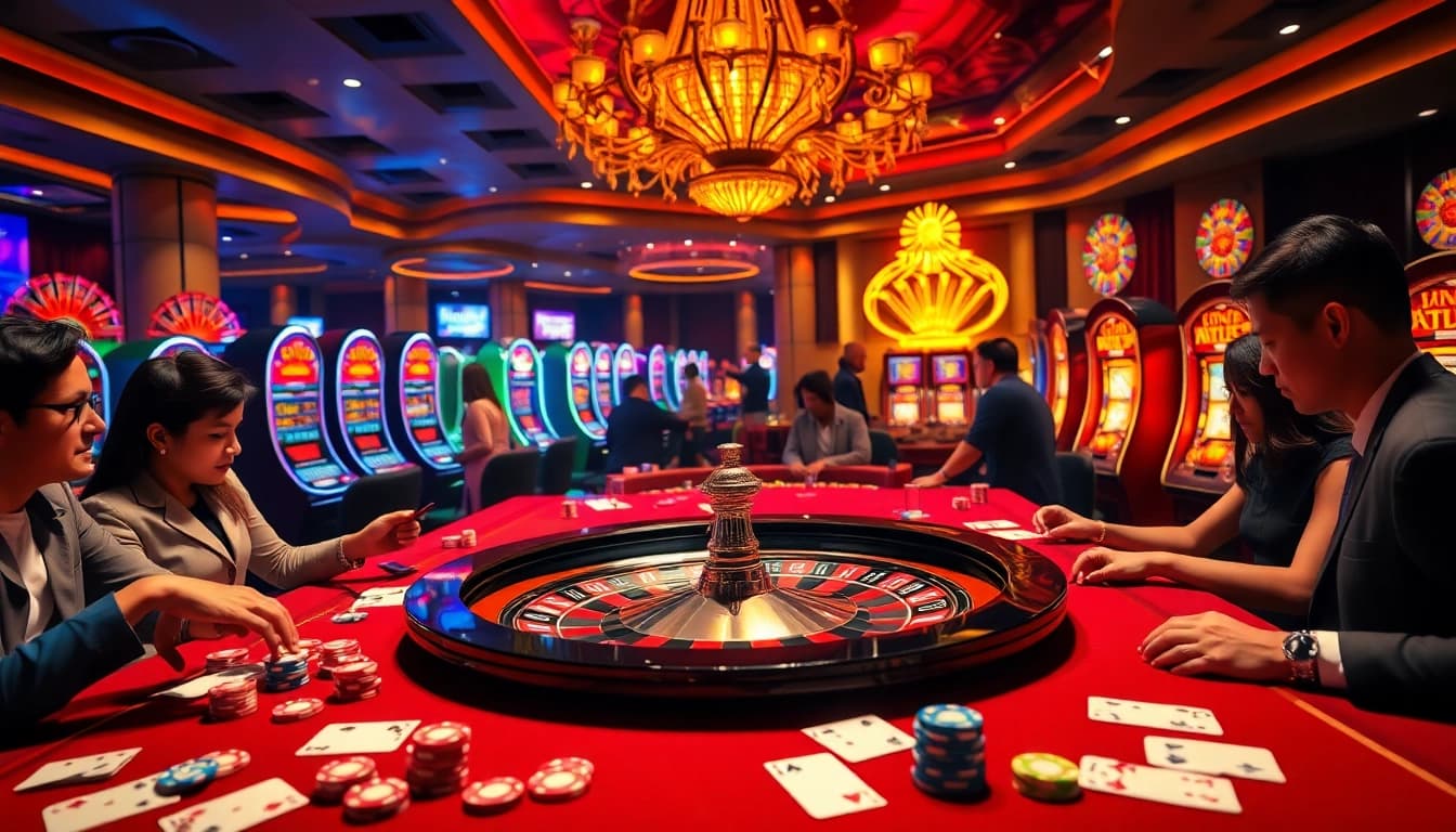 Kubet players engaging in high-stakes gaming at a vibrant casino table.
