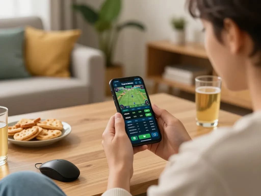 Engaging in soi keo nha cai through mobile app while enjoying a cozy home atmosphere.