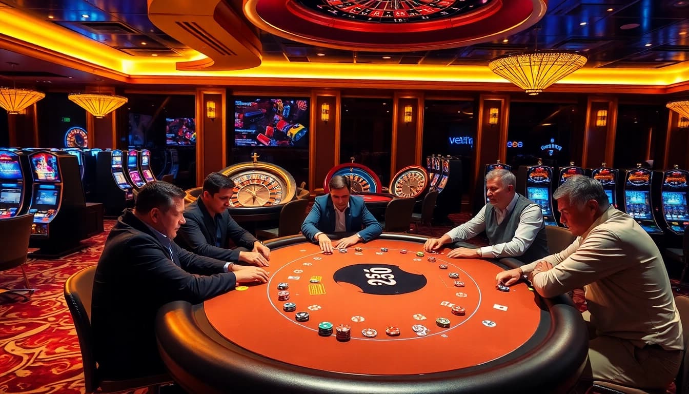 Players engaged in an intense poker game at a luxurious casino featuring https://mm88.bar/ with colorful chips and cards.