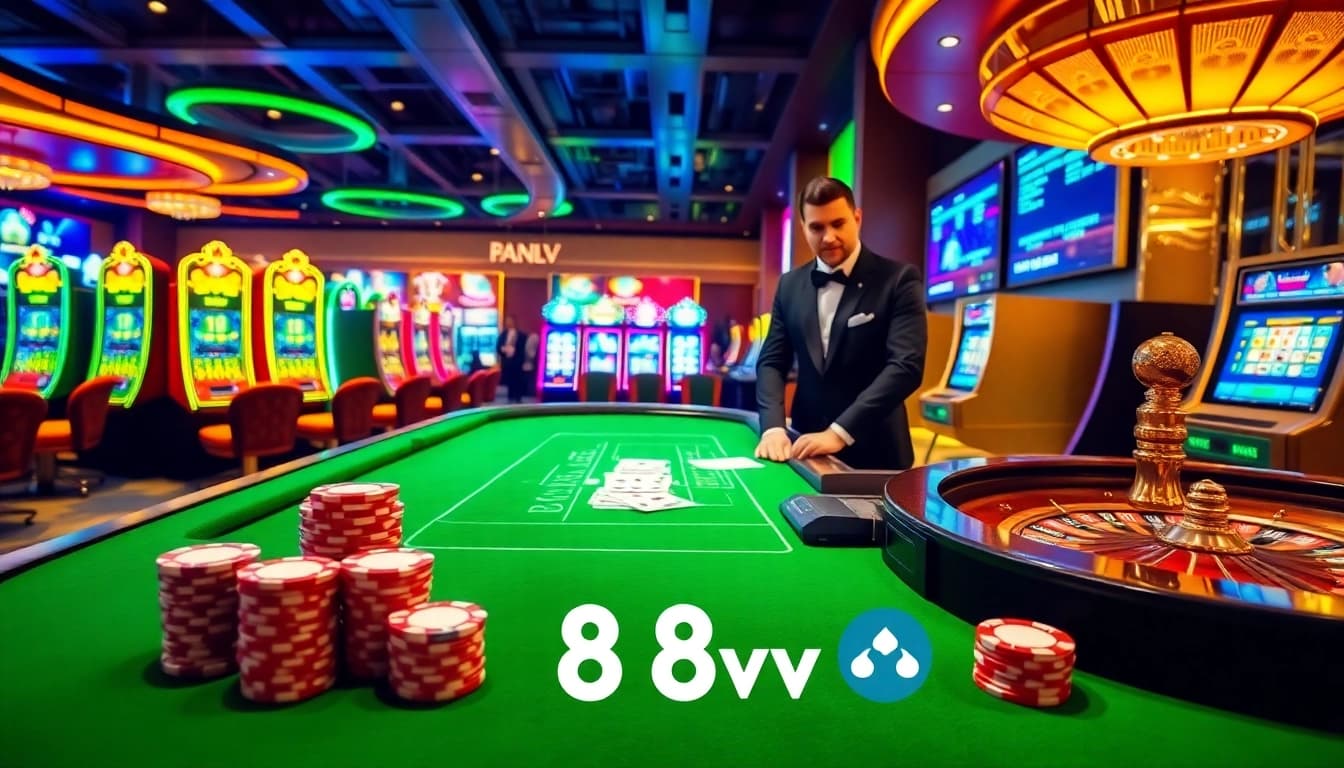 Experience thrilling gaming with 88vv at an upscale casino table filled with vibrant poker chips.