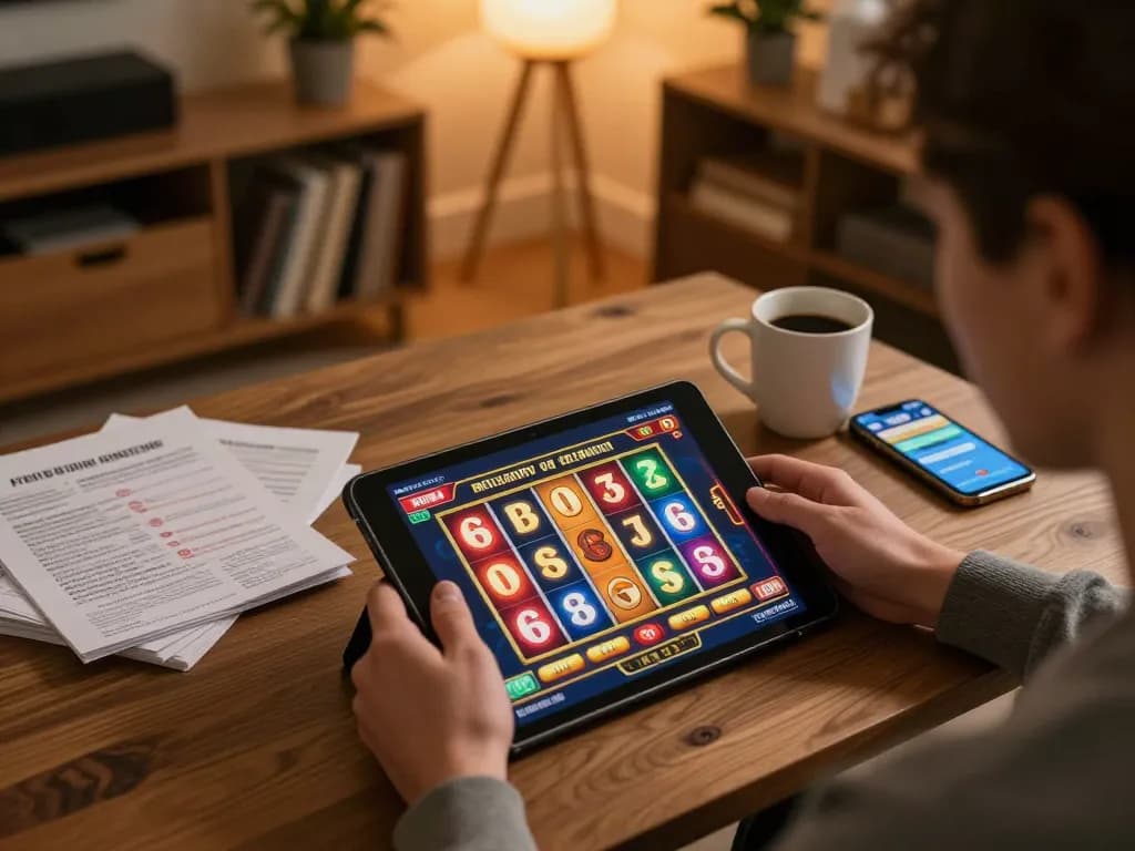 Player engaging with AZTEC888 slot games online on tablet, cozy home setting with strategy notes