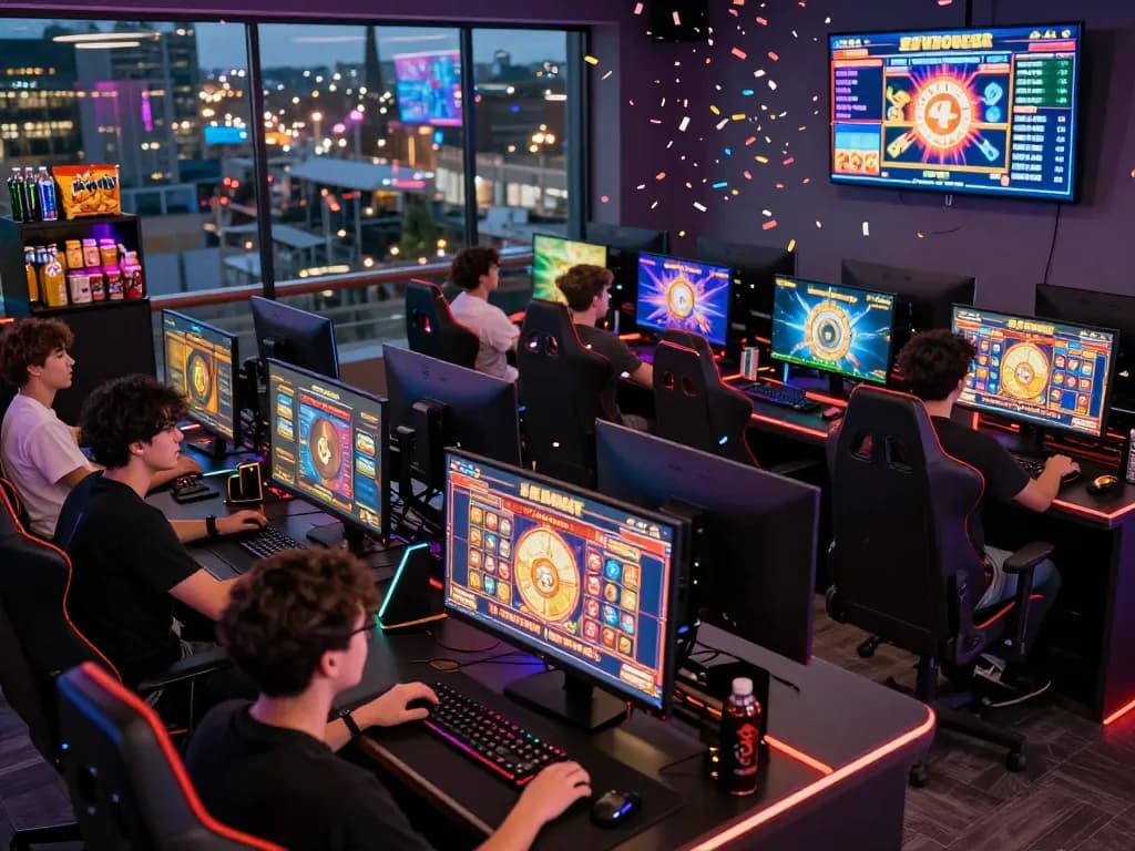 Players enjoying games at a vibrant tante77 gaming lounge with lively visuals.