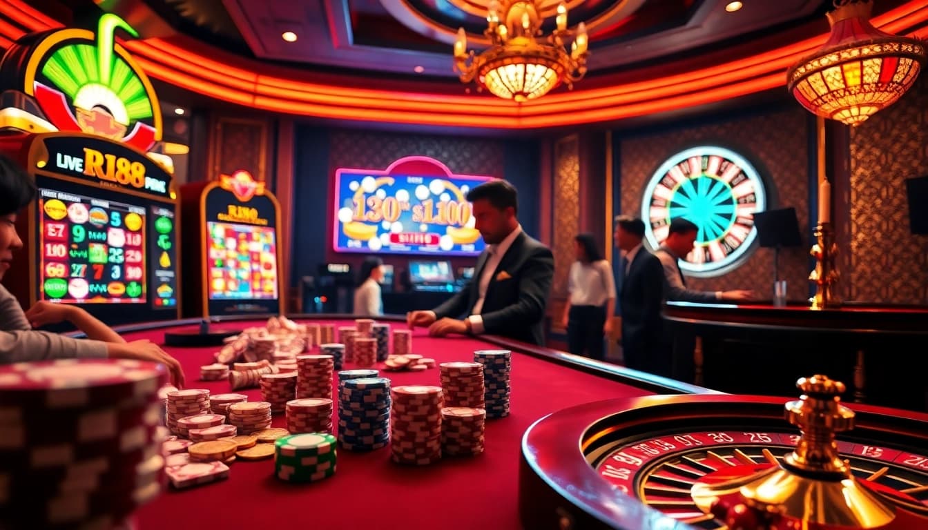 Players enjoy a thrilling game at RR88's luxurious casino table, complete with colorful poker chips and vibrant slot machines.