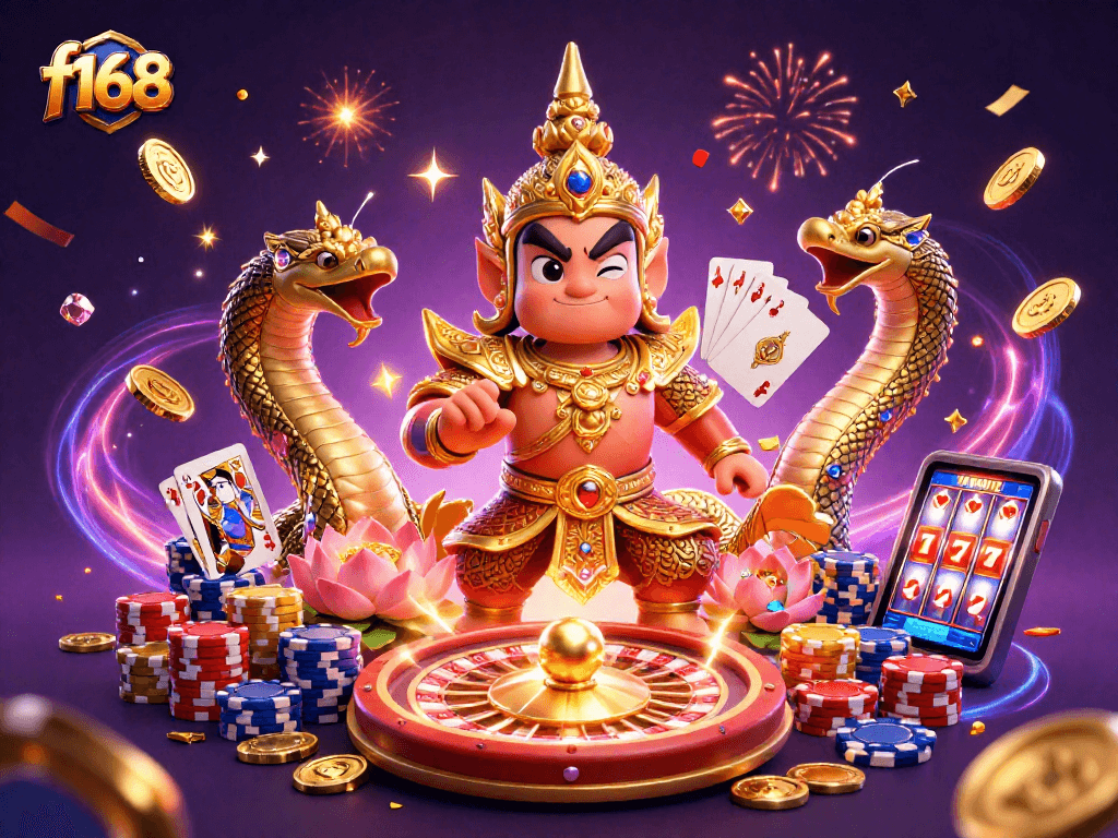 Join the fun at f168 with exciting casino games, golden coins, and mystical characters in a vibrant scene.