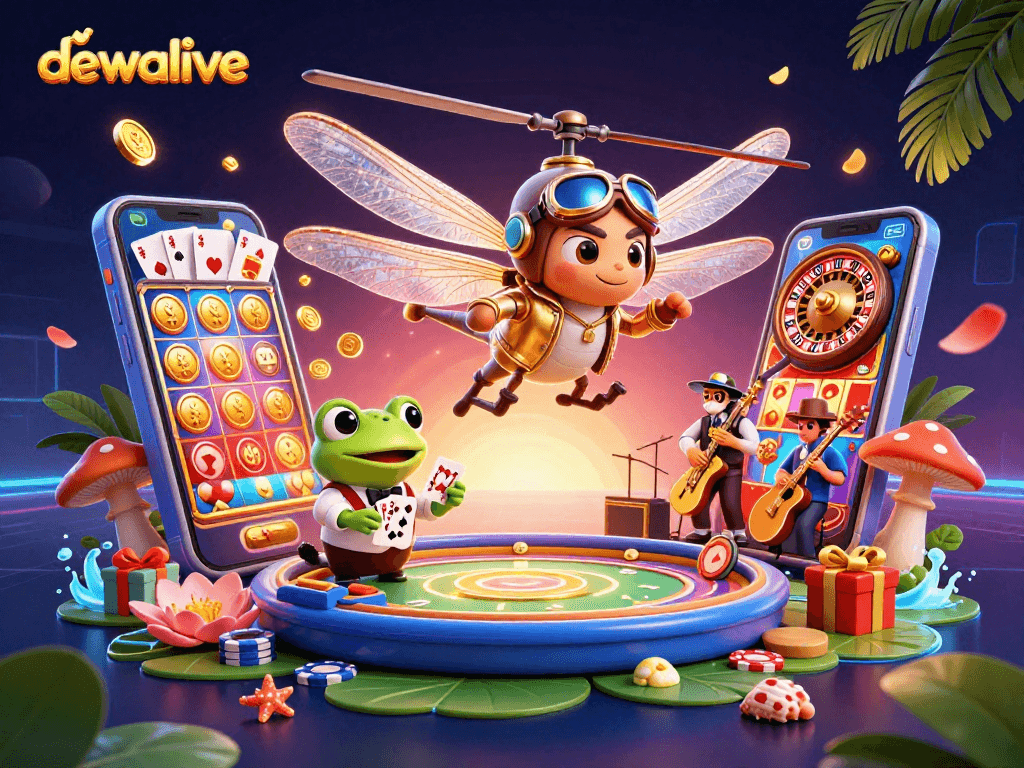Permainan kartu di Dewalive dengan dealer katak, diorama kasino dunia maya yang dinamis.
