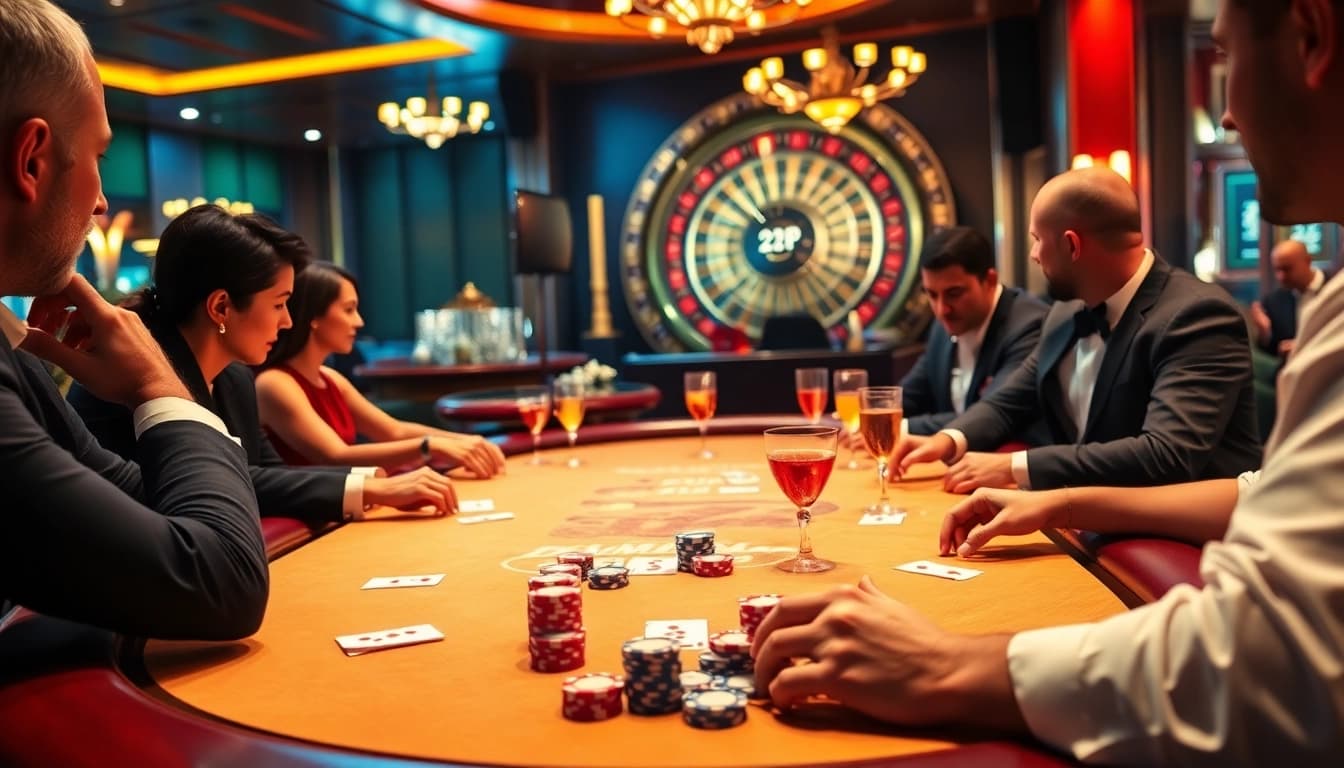 The thrilling 22VIP poker table scene captures intense gameplay and luxury in a vibrant casino setting.