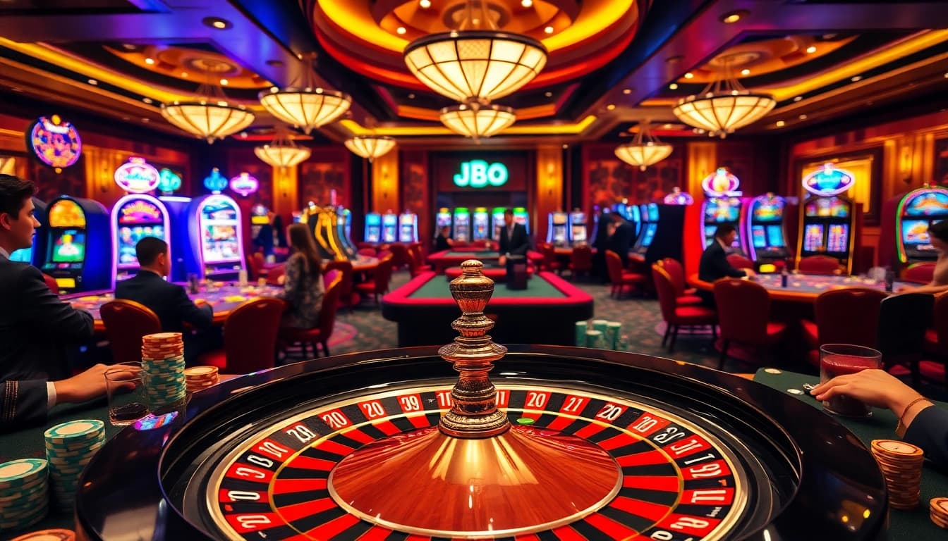 Players enjoy an exhilarating game at a luxurious casino table featuring jbo poker chips.