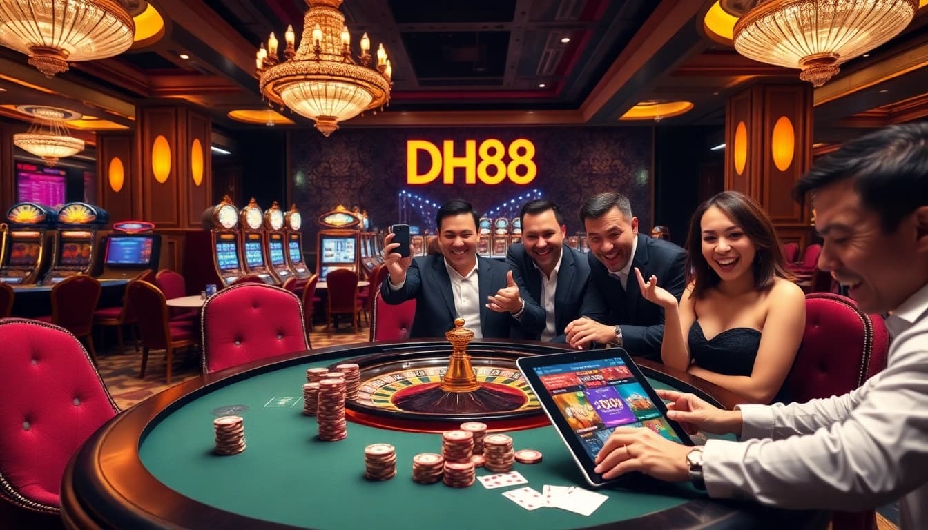 DH88 casino scene showcasing players celebrating wins at roulette and slot machines, infused with excitement.
