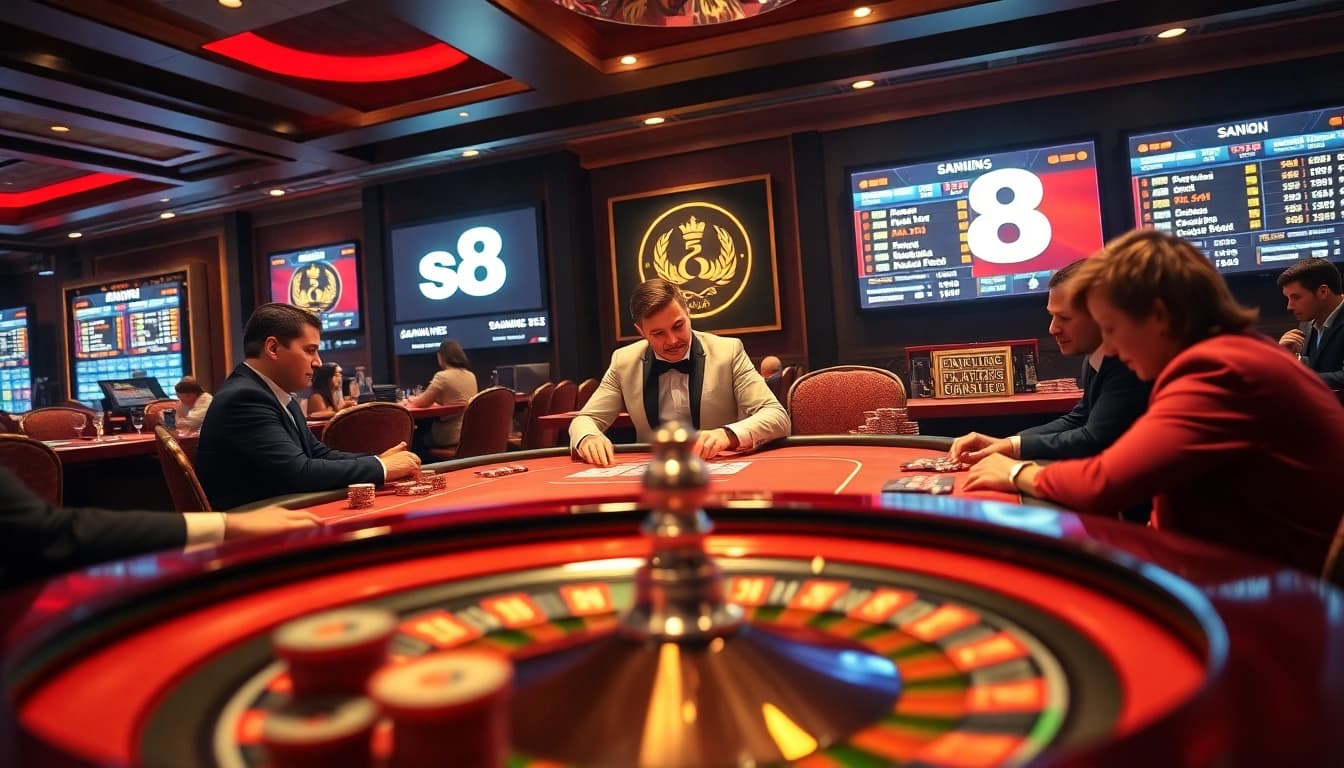 S8 casino players engaged in a high-stakes poker game, showcasing excitement and professionalism.