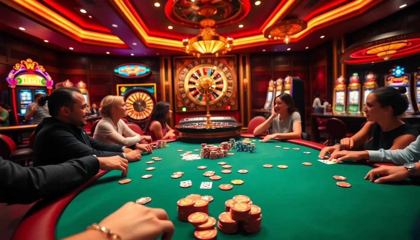 Exciting poker game at go88 casino table with vibrant chips and beautiful cards.