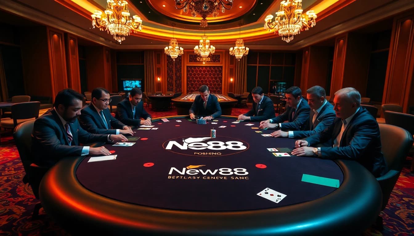 Experience poker excitement at New88 with players engaged in a high-stakes game at a luxurious table.
