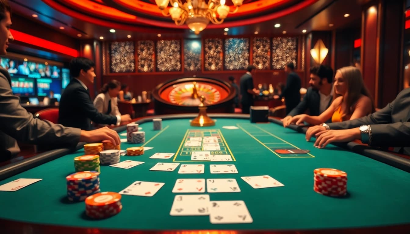 Engaging scene of players enjoying game bài đổi thưởng at a vibrant casino table.