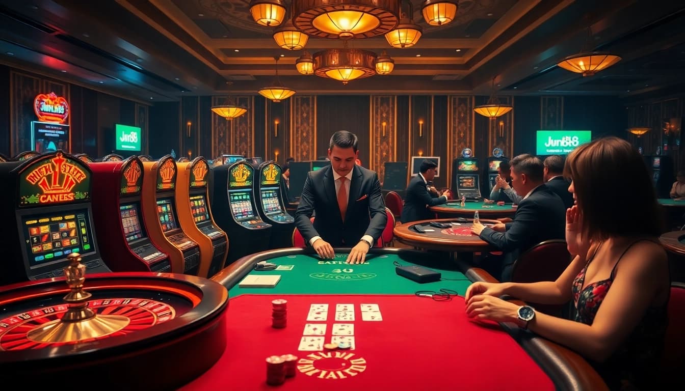 Experience the excitement of Jun88 as players engage at a vibrant casino table, showcasing high stakes and thrilling gameplay.