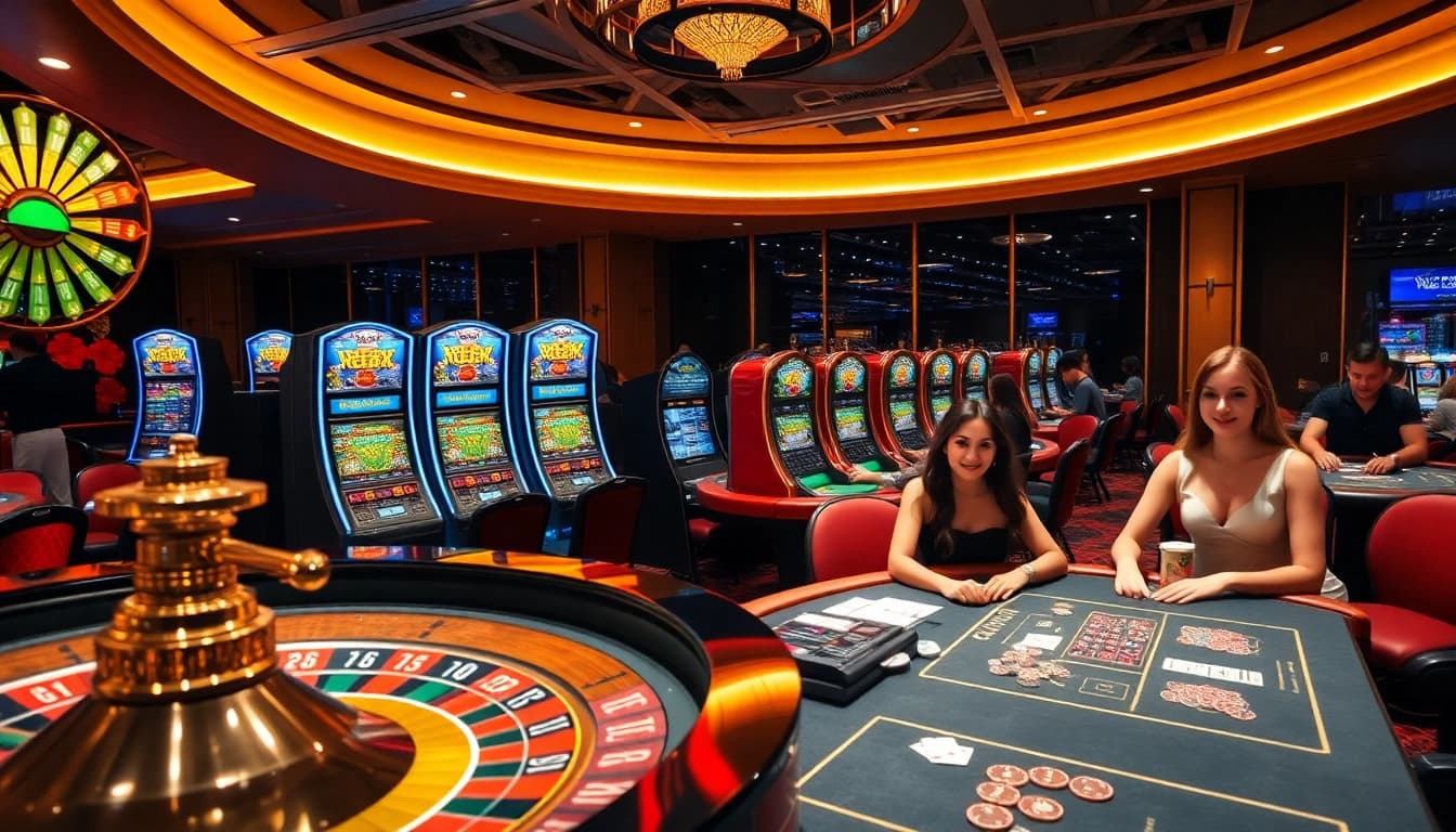 Experience thrilling แทงบอล action with a vibrant casino scene featuring poker tables and slot machines.