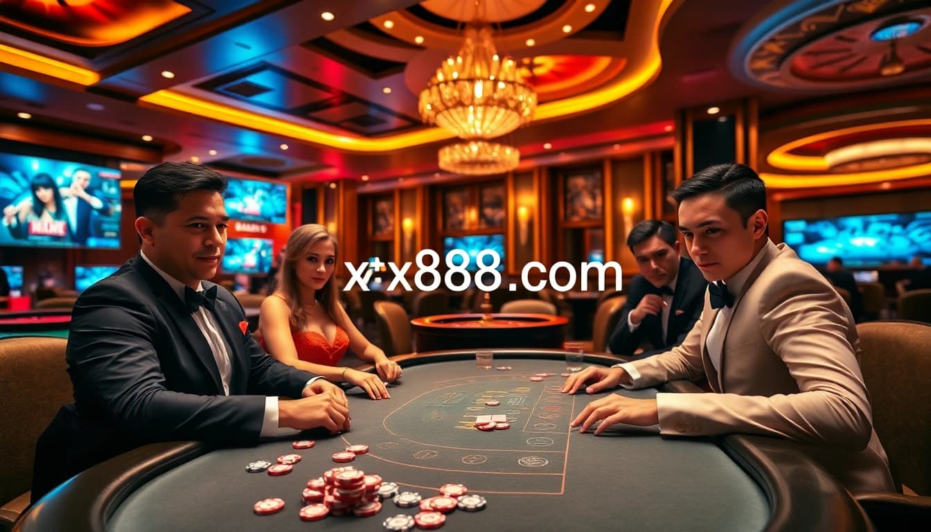 Exciting poker game at xx88 com with vibrant casino ambiance and high-stakes action.