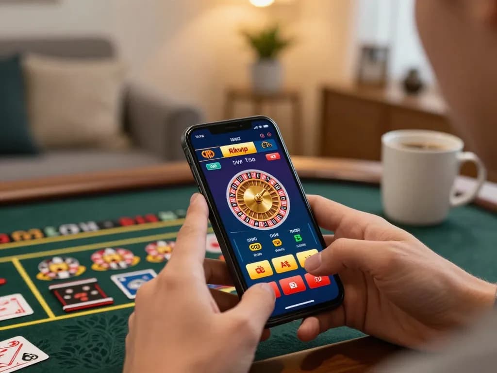 Player enjoying Rikvip mobile casino games on smartphone in a cozy home setting