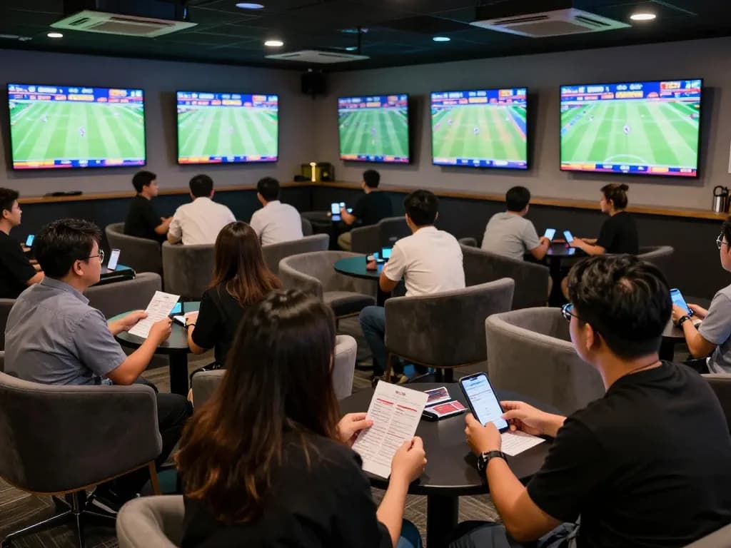 Engaging moment in a sports betting lounge with keonhacai enthusiasts tracking live odds and matches.