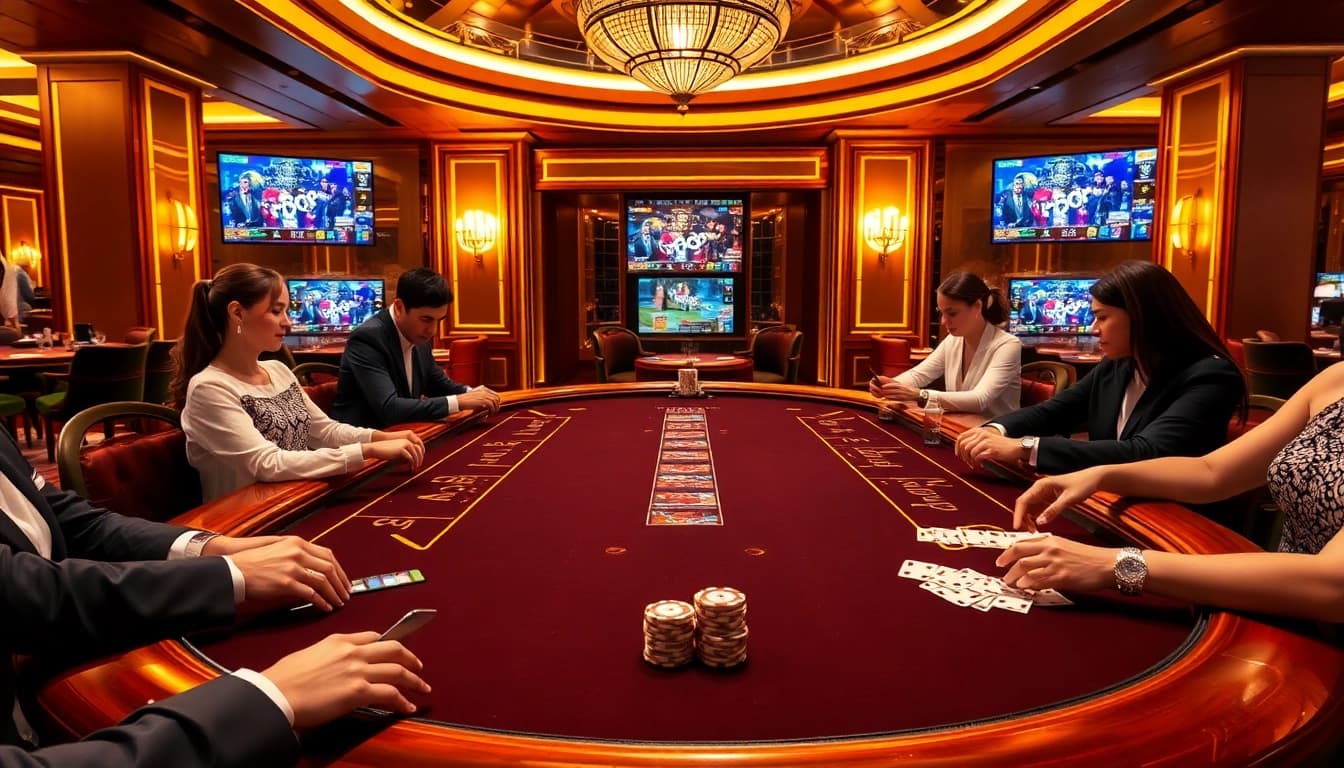 Engaged players enjoying mk8 themed casino games at a glamorous gambling table.