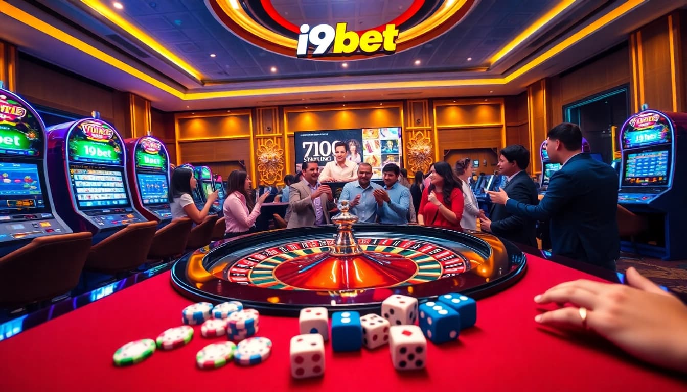 Experience the excitement of i9bet at a luxurious casino scene with roulette and slot machines.