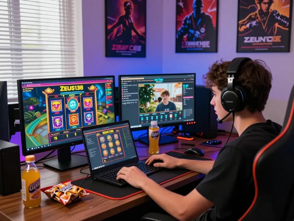Player enjoying Zeus138 online slots gaming experience with vibrant graphics and snacks.