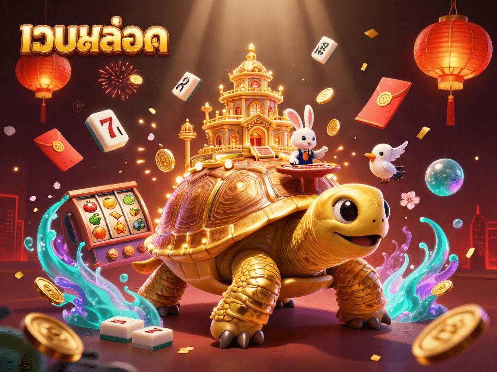 Experience thrilling เว็บสล็อต action with a golden tortoise casino and a rabbit dealer amidst glowing game elements.
