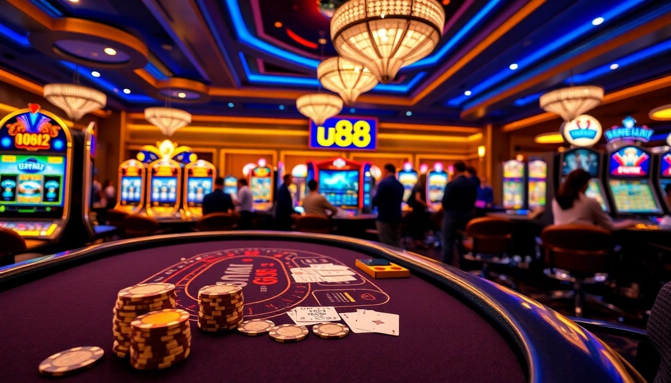 Experience thrilling online gambling at u888 with an exciting casino scene featuring vibrant slots and blackjack.