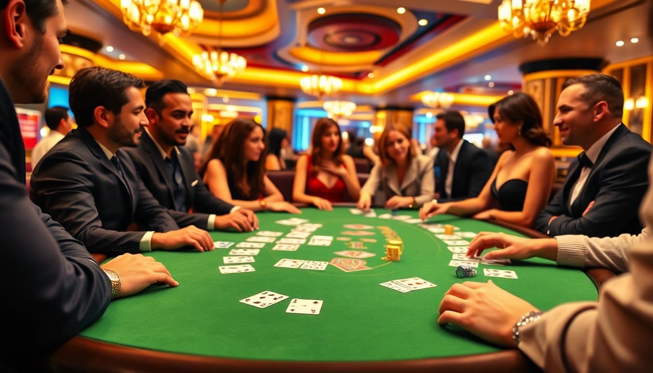 Engaged players enjoying their time at a lively Blackjack Casino table surrounded by luxury.