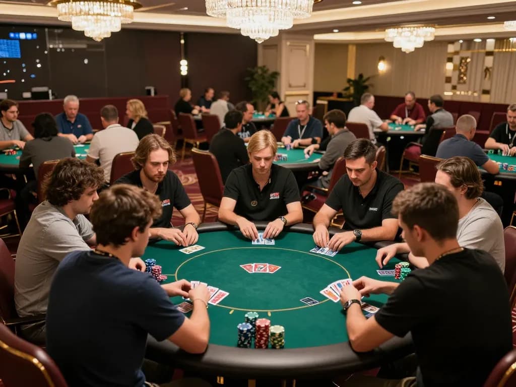 Playing competitive poker at an upscale casino, showcasing tension and strategy involving link ok365.