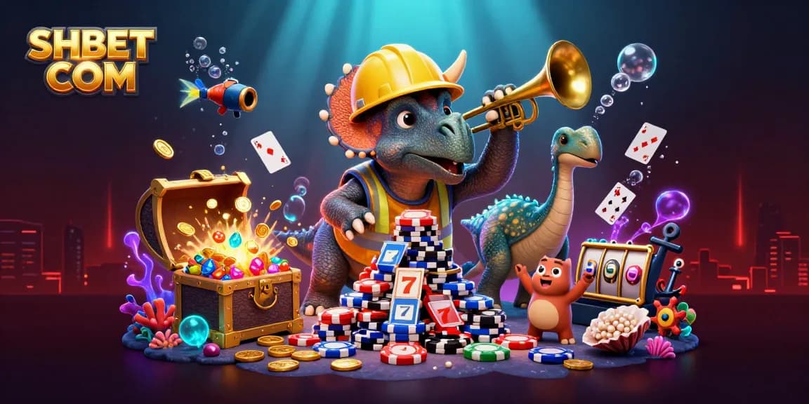 Celebrate wins at SHBET COM with vibrant 3D casino scene featuring card games and playful characters.