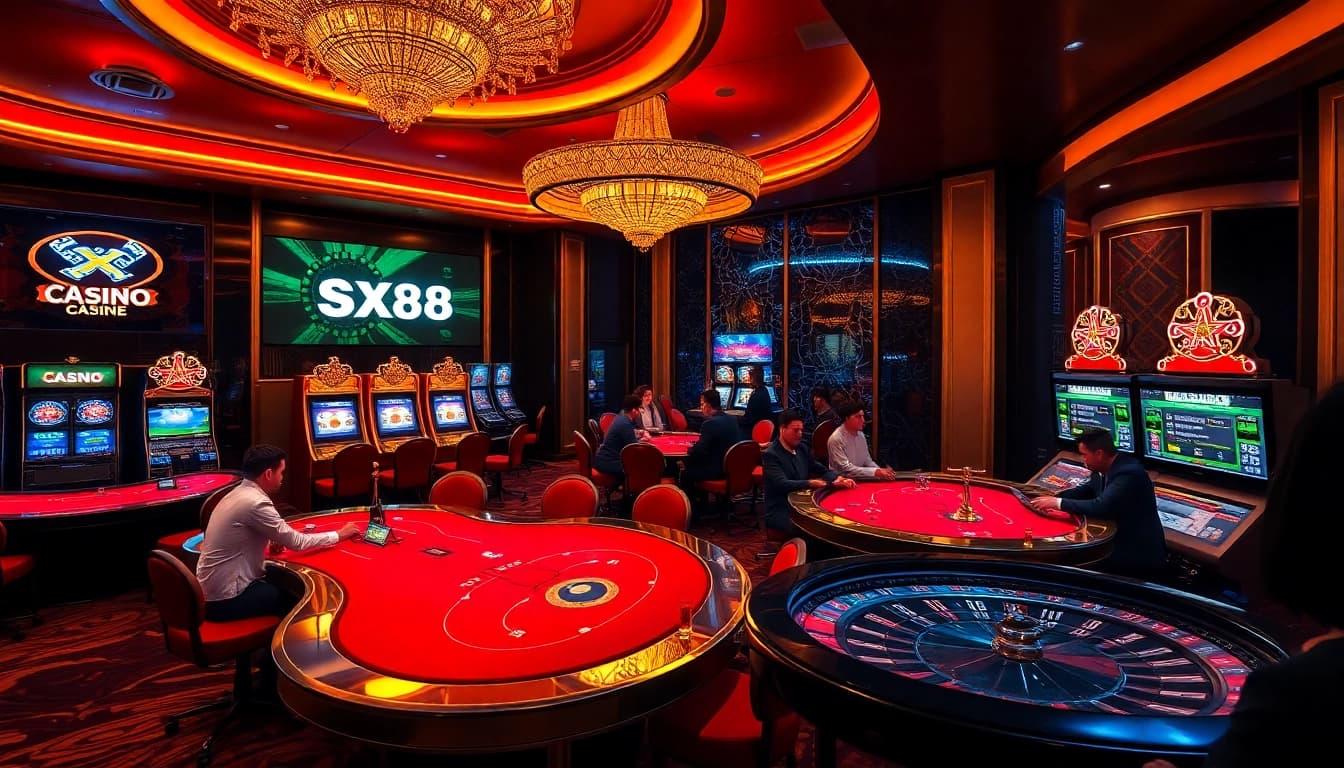 SX88 showcases thrilling casino gaming with vibrant tables and elegant slot machines.