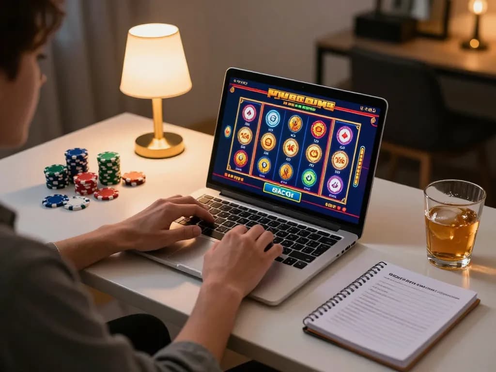 Engaged player enjoying slot gacor games on laptop at home, showcasing vibrant gaming interface and responsible gambling notes.