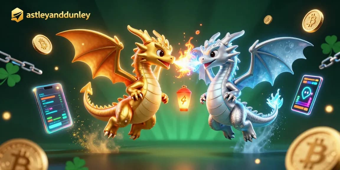 Engage with the astleyanddunley experience, featuring a vibrant scene with dragons, crypto coins, and lively gaming elements.