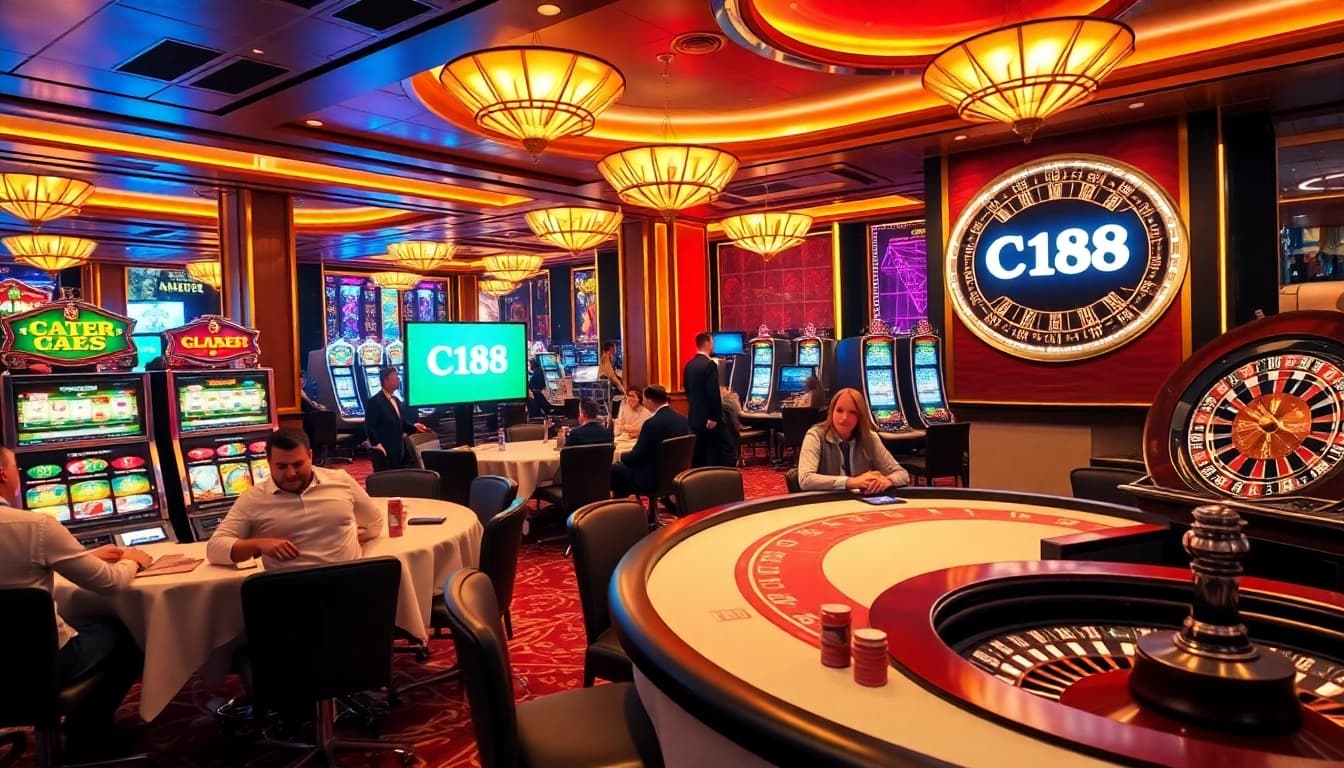 C168 players enjoying a dynamic casino experience with poker tables and slot machines.