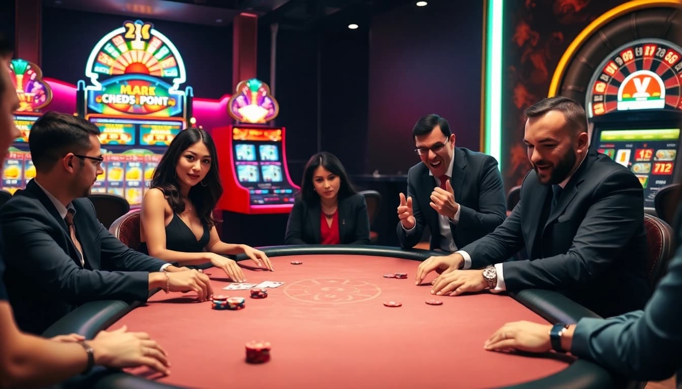 Intense poker game action at MK8.COM casino with players and vibrant atmosphere.