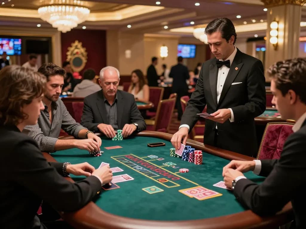 Experience the excitement of 88pulsa link alternatif with players strategizing at a blackjack table in a luxurious casino.