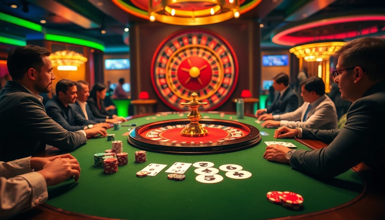 Players enjoying the thrill of WW88 at a vibrant casino table with chips and cards.
