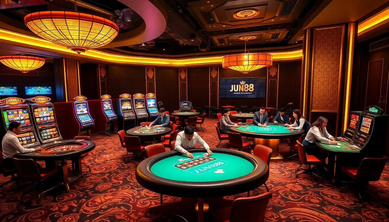 Players enjoy a thrilling game experience at Jun88 casino tables with vibrant slot machines.