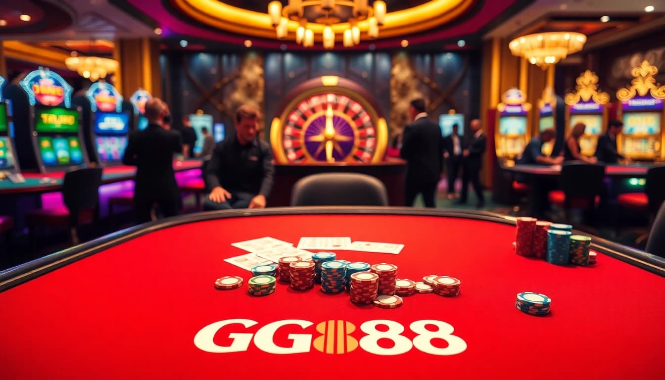 Experience the excitement of GG88 with colorful chips and cards at a vibrant casino table.