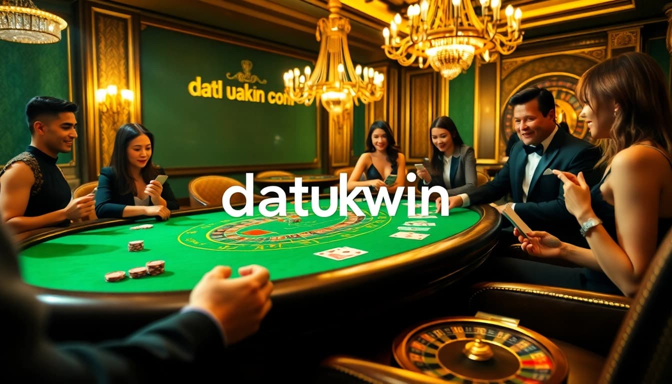 Para pemain di meja blackjack menikmati putaran yang mendebarkan dengan branding Datukwin, memancarkan kegembiraan dan kemewahan di kasino.