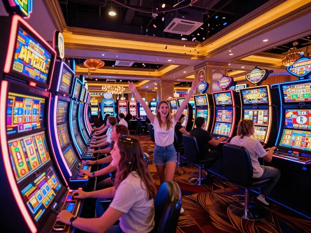 situs slot gaming at a colorful casino, players celebrating vivid wins amidst bright neon lights