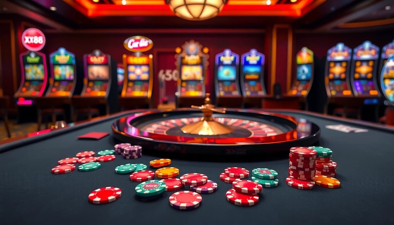 Experience high-stakes gaming excitement at xx88 with vibrant poker chips and roulette wheels.
