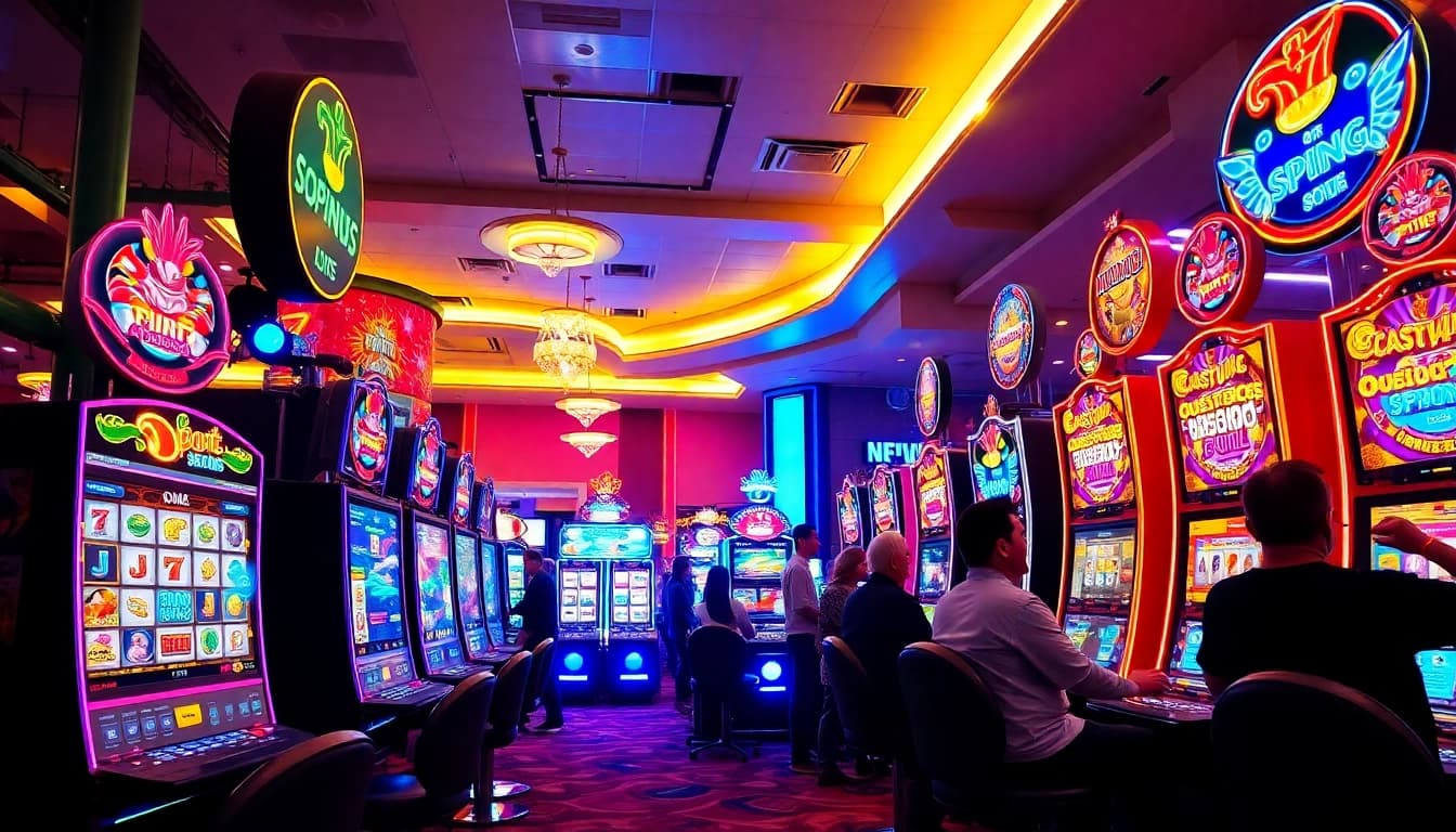 Slot Game dengan mesin slot berwarna cerah dan suasana kasino yang hidup.