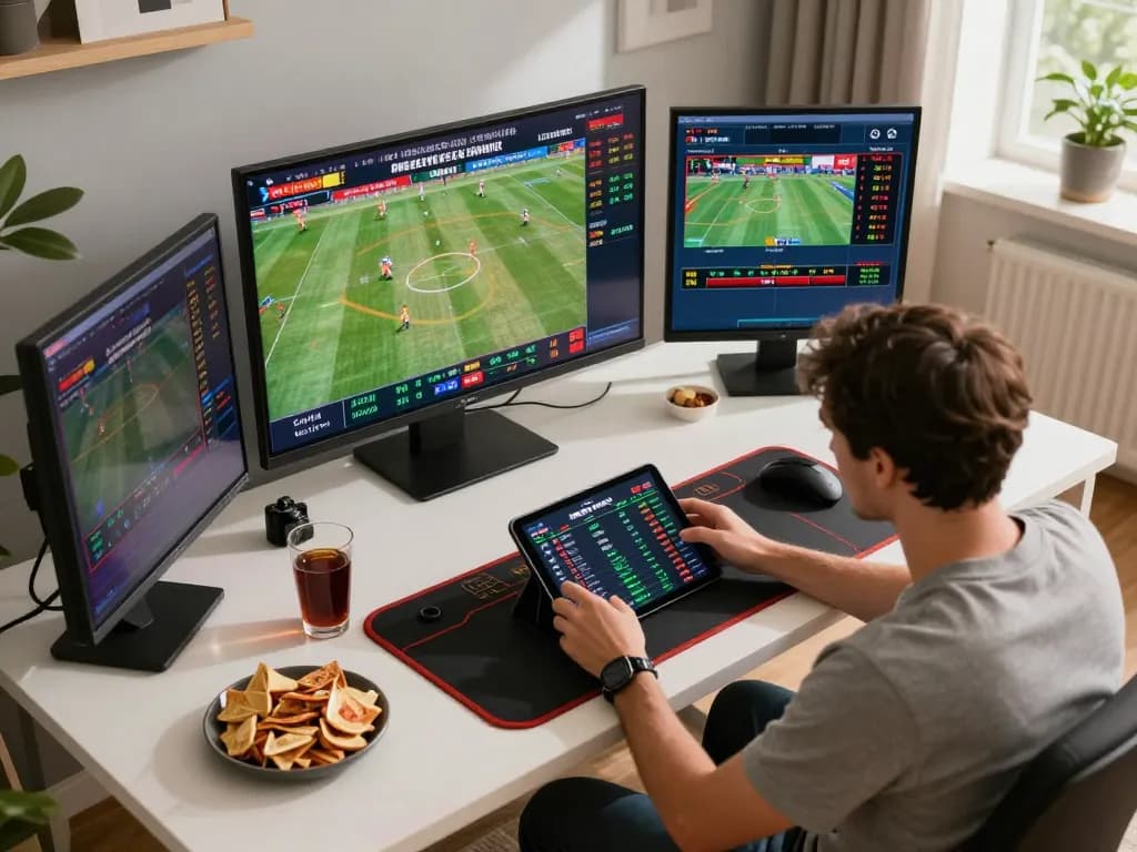 Betbet user analyzing live sports odds with tablet and multiple screens around