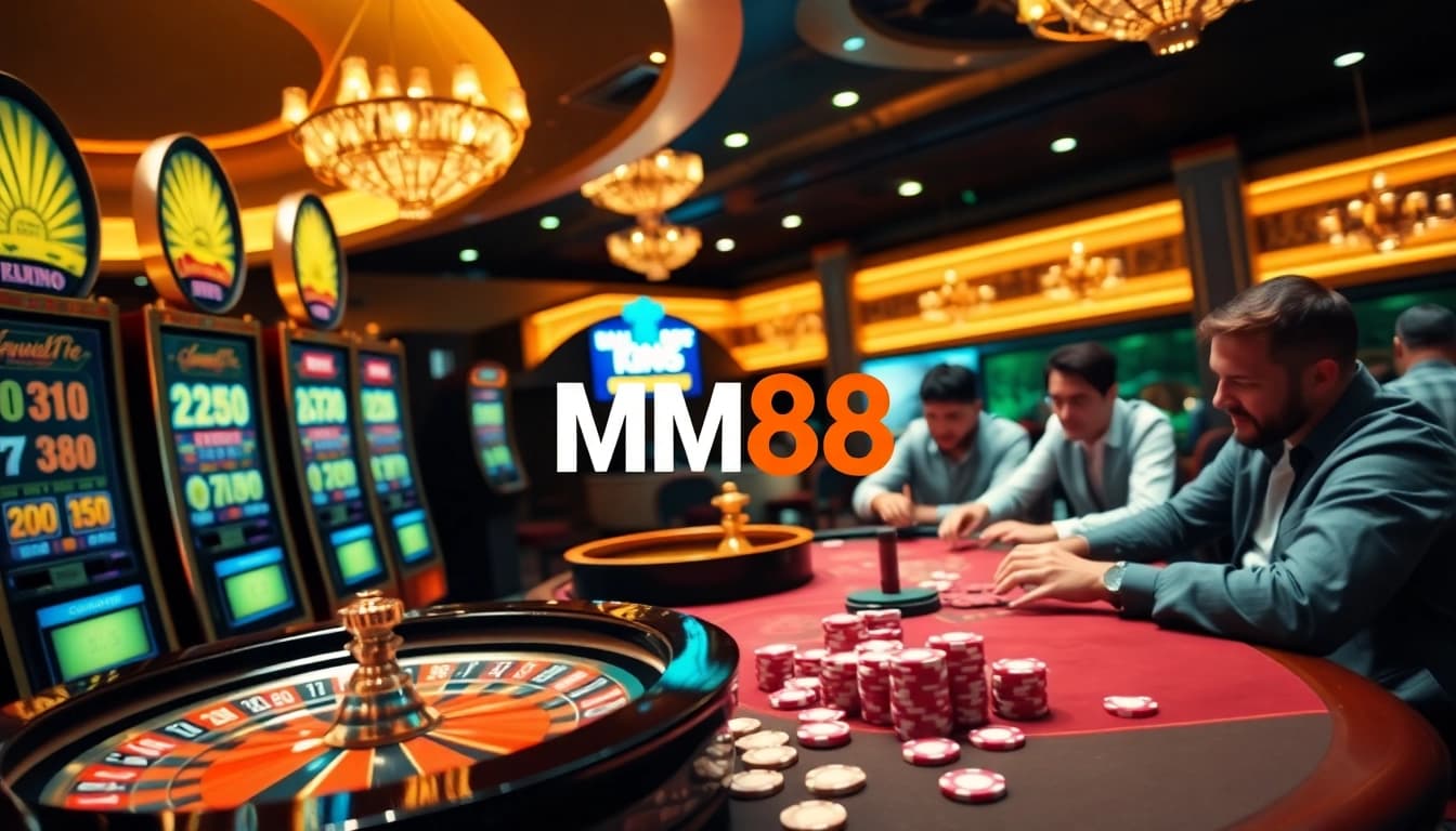 Experience thrilling gameplay at MM88's luxury casino with vibrant slot machines and poker action.