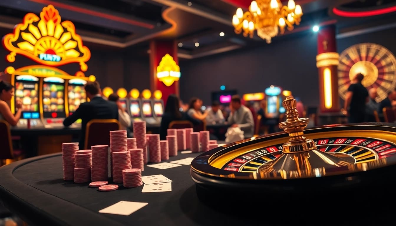 Exciting gaming action at fun79 casino with poker chips and slot machines glowing.
