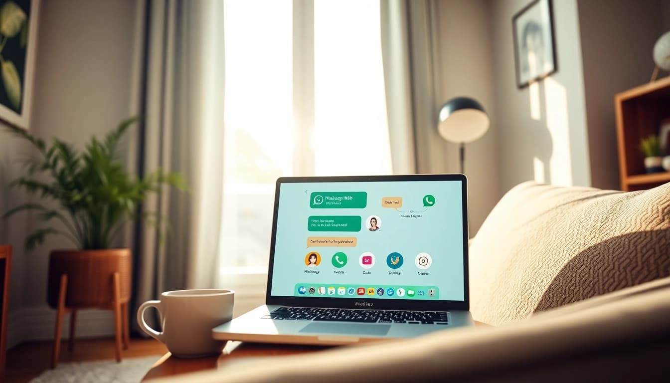 WhatsApp 网页版在现代工作区的笔记本屏幕上展示，突出显示快连官网的功能。