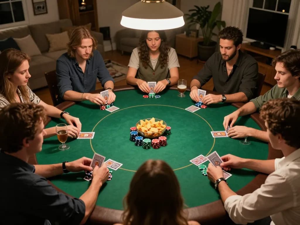 Players engage in a strategic poker game night with QE8 at their home table.