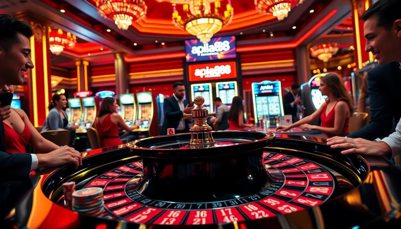Experience the thrill of winning at apiraja88 with players enjoying casino games and vibrant roulette action.
