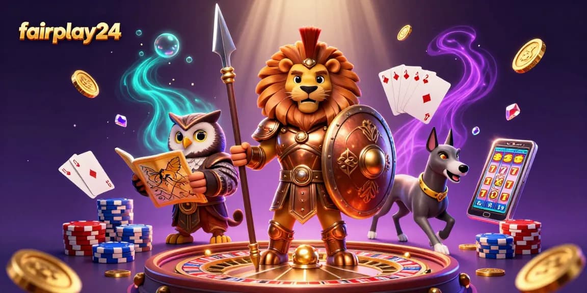 Experience the excitement of betting with fairplay24, featuring a lion, owl, and greyhound amidst cascading coins and cards.